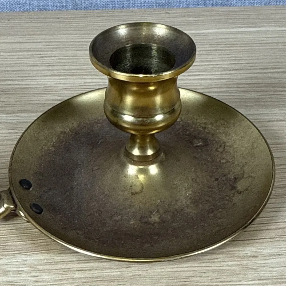 Vintage Solid Brass Chamberstick Candle Holder Finger Loop Colonial Taper Rare